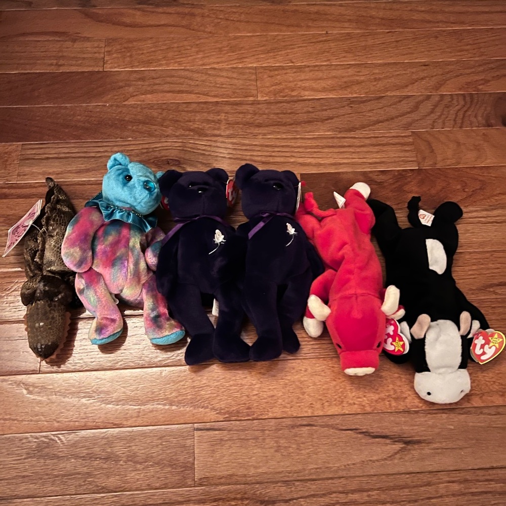 Princess Diana Ty Beanie Baby Lot (2) + 3 Other Beanies & Russ Croaks Alligator